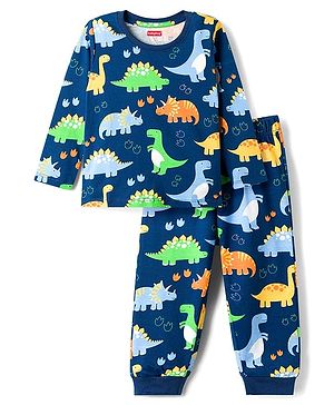 Babyhug Cotton Knit Full Sleeves T-Shirt & Pyjama Co-ord Night Suit With Dino Print - Navy Blue