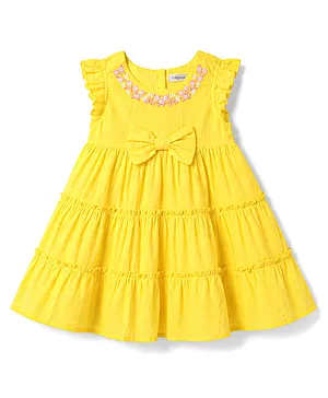Babyoye Cotton Woven Half Sleeves
                                  Floral Embroidered Tiered Frock With
                                  Bow Applique - Yellow