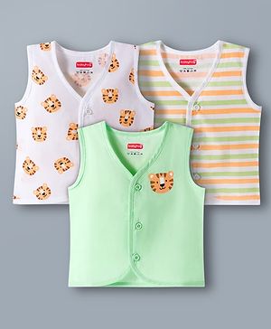 Babyhug 100% Cotton Knit Sleeveless Front Open Jhablas with Striped & Tiger Print Pack of 3 - Sear Green & White