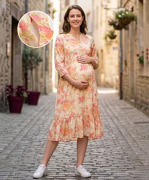Bella Mama Woven Three Fourth Sleeves
                              Rose Printed Maternity Dress - Beige