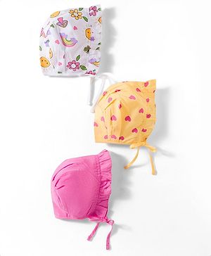 Babyhug 100% Cotton Knit Caps with Knot Solid, Heart & Rainbow Print Pack of 3 Multicolour - Diameter 11 cm