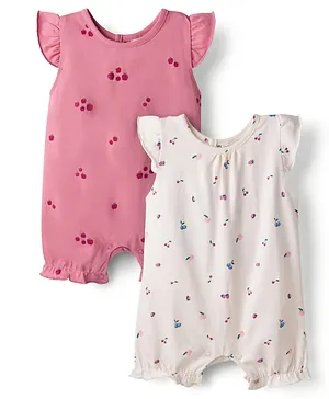 I Bears Interlock Knit Sleeveless
                              Apple & Cherry Printed Rompers with
                              Frill Detailing Pack of 2 - Pink &
                              White