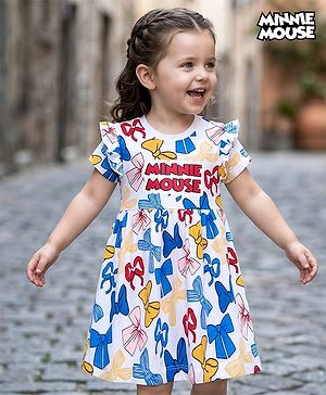 Babyhug Disney 100% Cotton Knit Half Sleeves Frock With Minnie Mouse Graphics - White