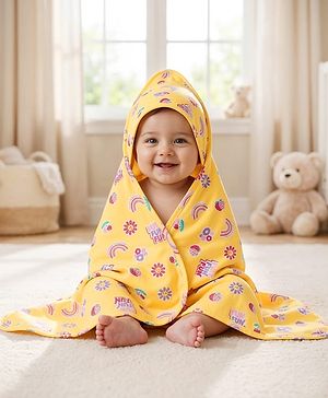 Babyhug Cotton Knit Hooded Wrapper With Polka Dot Print L 73 x B 72 cm - Yellow