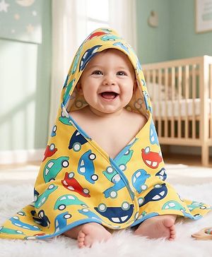 Babyhug Cotton Knit Hooded Wrapper With Vehicle Print L 73 x B 72 cm - Yellow