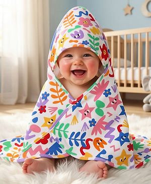 Babyhug Cotton Knit Hooded Wrapper With Polka Dot Print L 73 x B 72 cm - White