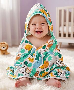 Babyhug Cotton Knit Hooded Wrapper With Jungle Theme Print L 73 x B 72 cm - White