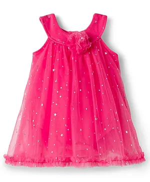 Babyhug 100 % Cotton Knit Sleeveless
                              Frock Style Onesie with Glitter Detailing
                              & Floral Applique - Red