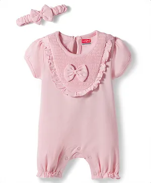 Babyhug 100 % Cotton Knit Half
                              Sleeves Romper With Bow Applique &
                              Headband - Baby Pink