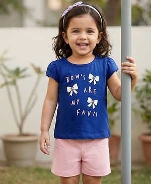 Babyhug Cotton Knit Cap Sleeves T-Shirt with Bow & Text Print - Blue