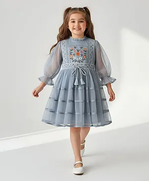 Bella Moda Net Woven Three Fourth Puffed
                      Sleeves Floral Embroidered Dress - Grey