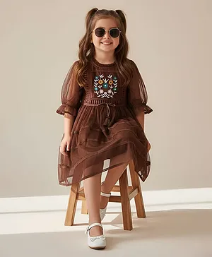 Bella Moda Net Woven Three Fourth
                                  Puffed Sleeves Floral Embroidered
                                  Dress - Brown