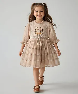 Bella Moda Net Woven Three Fourth
                                  Sleeves Floral Embroidered Dress -
                                  Beige