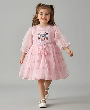 Bella Moda Net Woven Three Fourth
                                  Puffed Sleeves Floral Embroidered
                                  Dress - Pink