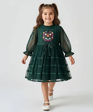 Bella Moda Net Woven Three Fourth
                                  Puffed Sleeves Floral Embroidered
                                  Dress - Green