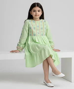 Bella Moda Cotton Woven Full
                                  Puffed Sleeves Floral Embroidered
                                  Dress - Sea Green