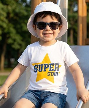 Babyhug 100% Cotton Knit Half Sleeves T-Shirt With Super Star Text Print - White