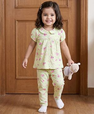 Babyhug Cotton Knit Half Sleeves Top & Pyjama Co-ord Night Suit With Floral Print - Light Green