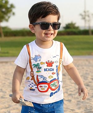 Babyhug Cotton Knit Half Sleeves T-Shirt with Beach Theme Print - White
