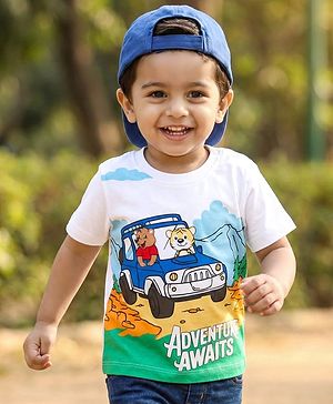 Babyhug Cotton Knit Half Sleeves T-Shirt with Adventure Print - White