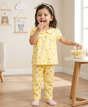 Babyhug Cotton Knit Half Sleeves Top & Pyjama Co-ord Night Suit With Bunny & Floral Print - Yellow