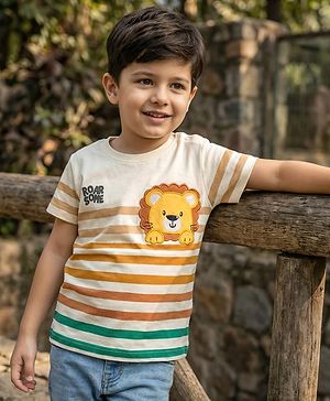 Babyhug 100% Cotton Knit Half Sleeves Striped T-Shirt With Lion Embroidery - Multicolour