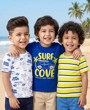 Babyhug 100% Cotton Knit Half Sleeves T-Shirts With Stripes & Beach Theme Printed Pack Of 3 - Multicolour