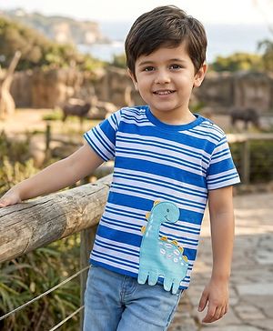 Babyhug Cotton Knit Half Sleeves Striped T-Shirt With Dino Patch - Multicolor