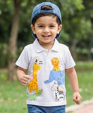 Babyhug 100% Cotton Knit Half Sleeves Polo T-Shirt with Jungle Theme Print - White