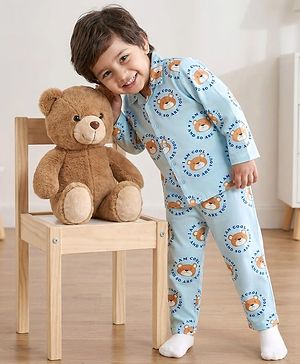 Babyhug Cotton Knit Full Sleeves Shirt & Pyjama Co-ord Night Suit With Teddy Bear Print - Light Blue