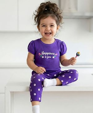 Babyhug Cotton Knit Half Puffed Sleeves T-Shirt & Pajama Night Suit with Floral Print - Purple