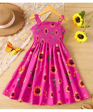 Mark & Mia Sleeveless Smocked
                                  Frock with Floral Print - Fuchsia