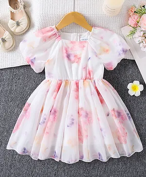 Mark & Mia Half Sleeves Floral
                              Printed Flared Party Dress - White &
                              Pink