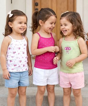 Babyhug 100% Cotton Knit Sleeveless Slips with Heart & Floral Print Pack of 3 -Pink & White