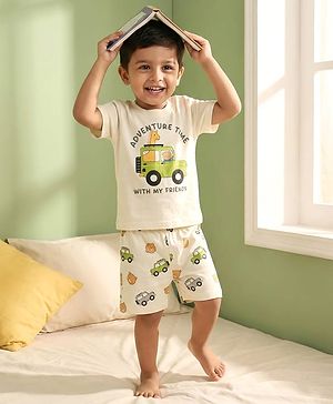 Babyhug Cotton Knit Half Sleeves T-Shirt & Shorts Night Suit With Jeep Print - White