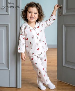 Babyhug Disney Cotton Woven Full Sleeves Shirt & Pyjama Co-ord Night Suit With Marie Print - White