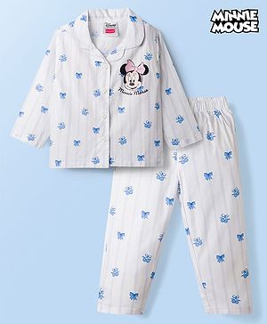 Babyhug Disney 100% Cotton Woven Full Sleeves Co-Ords Shirt & Pyjama Night Suit With Minnie Mouse Print - Light Blue & White