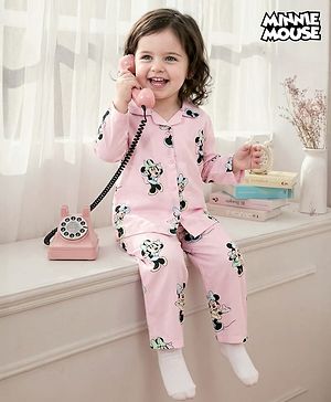 Babyhug Disney Cotton Woven Full Sleeves Shirt & Pyjama Co-ord Night Suit With Minnie Mouse Print - Pink