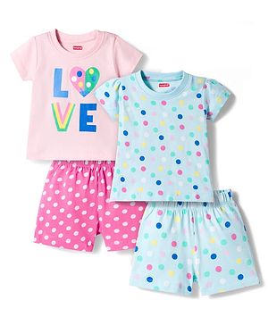 Babyhug Cotton Knit Full Sleeves T-Shirts & Shorts Co-ord Night Suits With Polka Dot Print Pack of 2 - Multicolor