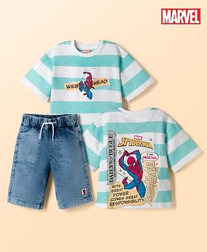 Pine Kids Marvel Terry Knit Half Sleeves T-Shirt & Denim Shorts Set With Front & Back Spider Man Print - Multicolor