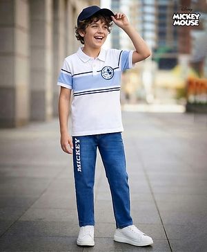 Pine Kids Disney Single Jersey Knit Half Sleeves Polo T-Shirt & Jeans Set With Mickey Mouse Graphics & Badge Detailing - Multicolor