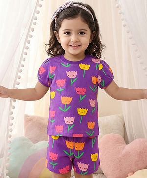Babyhug Cotton Knit Half Sleeves Co-ords T-Shirt & Shorts Night Suit with Floral Print - Purple