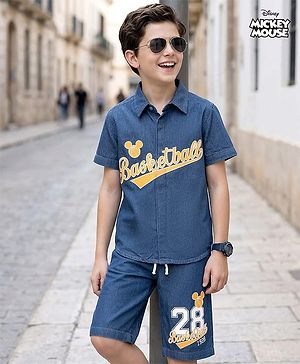Pine Kids Disney Denim Half Sleeves Shirt & Shorts Set With Mickey Mouse Graphics - Blue