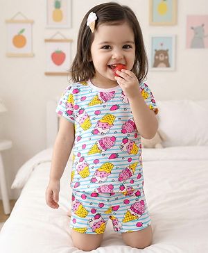 Babyhug Cotton Knit Half Sleeves Co-ords T-Shirt & Shorts Night Suit with Ice Cream Print & Stripes - Multicolor