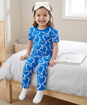 Babyhug Cotton Knit Half Sleeves Hearts Printed Co-Ords T-Shirt & Pyjama Night Suit - Blue