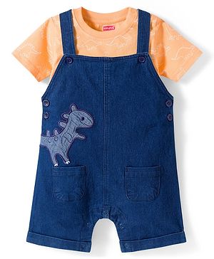 Babyhug Single Jersey Knit Half Sleeves Dino Printed T-Shirt & Denim Dungaree with Patch - Orange & Blue