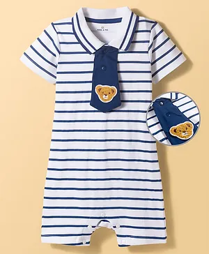 Mark & Mia Cotton Knit Half
                              Sleeves Striped Romper with Tie Applique -
                              White