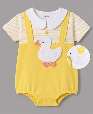Mark & Mia Cotton Knit Half
                              Sleeves Striped Peter Pan Collared Onesie
                              With Duck Applique - Yellow