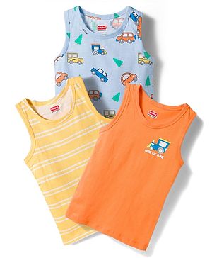Babyhug 100% Cotton Single Jersey Knit Antibacterial Sleeveless Vests With Car Print Pack of 3 - Multicolor