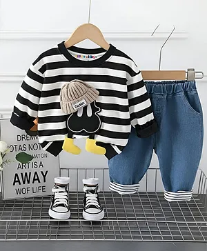 Googo Gaaga Cotton Loop Knit Full
                              Sleeves Striped Cartoon Patch Detailed
                              Winter Sweatshirt & Jeans Set - White
                              & Black